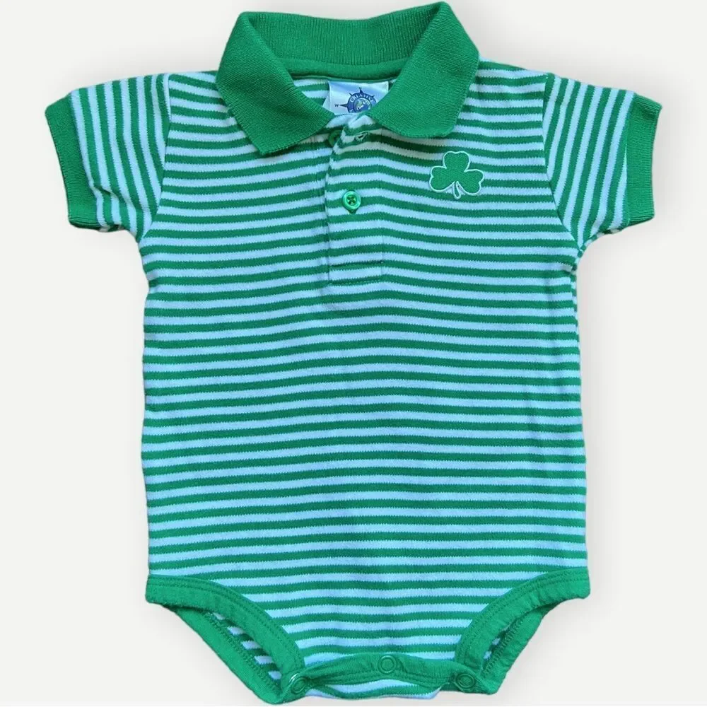 Creative Knitwear Baby Green Short Sleeve Shamrock Irish Polo Onesie. 0-3 Months